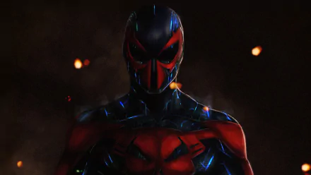 HD PC desktop wallpaper featuring a dark, detailed comic-style Spider-Man 2099 with glowing blue accents on a shadowy background.