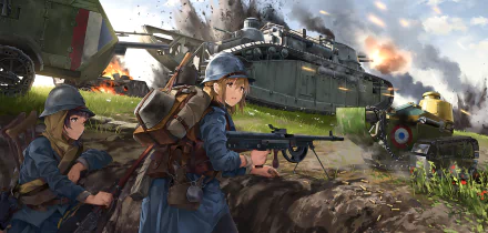 An anime-inspired military scene with soldiers and tanks in combat, featuring detailed characters holding guns and engaging in battle, captured in an HD desktop wallpaper and background.