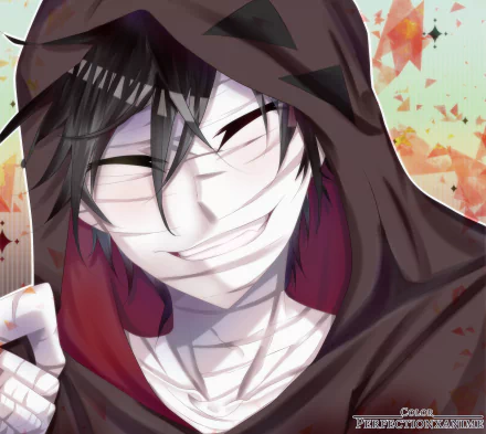 HD PC desktop wallpaper featuring Zack from the anime Angels of Death, showcasing his signature dark hooded look and mischievous smile against a vibrant background.