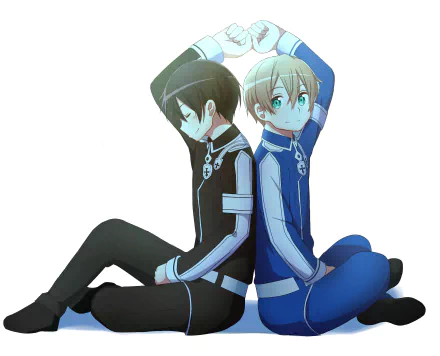 Eugeo and Kirito from Sword Art Online: Alicization sit back-to-back with arms raised, in blue and black uniforms — anime 2K Quad HD PC desktop wallpaper/background.