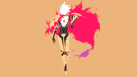Minimalist 8K Ultra HD PC desktop wallpaper of Karna (Fate/Apocrypha), anime Fate/Apocrypha character with a bold red cloak and white hair on a beige background.
