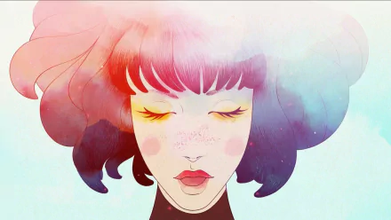 A vibrant HD desktop wallpaper featuring a character from the video game Gris, showcasing a serene portrait with flowing, colorful hair and closed eyes, capturing a dreamlike essence.