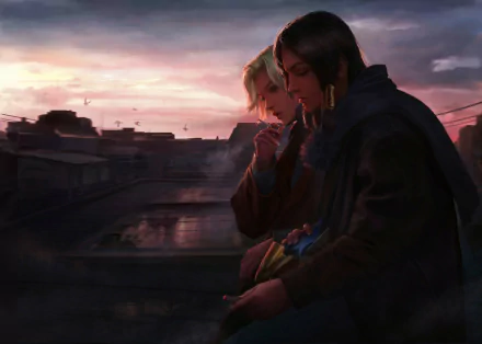 HD PC desktop wallpaper of Overwatch's Mercy and Pharah on a sunset rooftop, sharing a quiet moment as one smokes a cigarette.