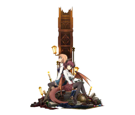 HD desktop wallpaper featuring Anne and Grea from the anime Manaria Friends, sitting back-to-back with a grand medieval-style clock tower in the background.