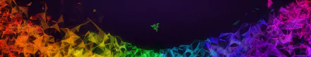 HD PC desktop wallpaper featuring the neon green Razer logo centered on a dark purple background with abstract green and blue polygonal shapes.