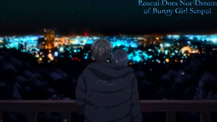 Sakuta Azusagawa and Mai Sakurajima from Rascal Does Not Dream of Bunny Girl Senpai share a quiet moment overlooking a cityscape at night. HD anime wallpaper and background.