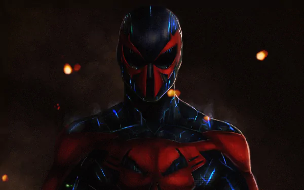 HD PC desktop wallpaper featuring a dark, detailed comic-style Spider-Man 2099 with glowing blue accents on a shadowy background.