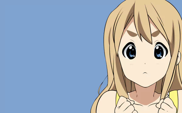 Tsumugi Kotobuki from K-ON! anime HD desktop wallpaper — close-up of a curious blonde girl with clasped hands against a solid blue background.