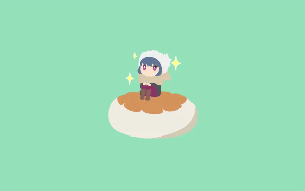 Chibi Rin Shima from Laid-Back Camp sitting on a dumpling, sparkling, set against a soft green background, 4K Ultra HD anime desktop wallpaper.