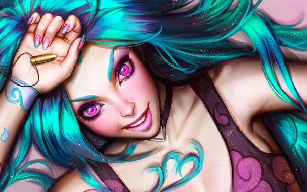 Video Game League Of Legends Jinx Pink Eyes Blue Hair Smile HD Wallpaper | Background Image