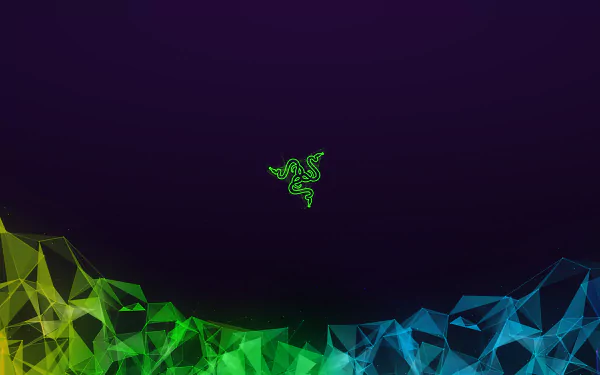 HD PC desktop wallpaper featuring the neon green Razer logo centered on a dark purple background with abstract green and blue polygonal shapes.