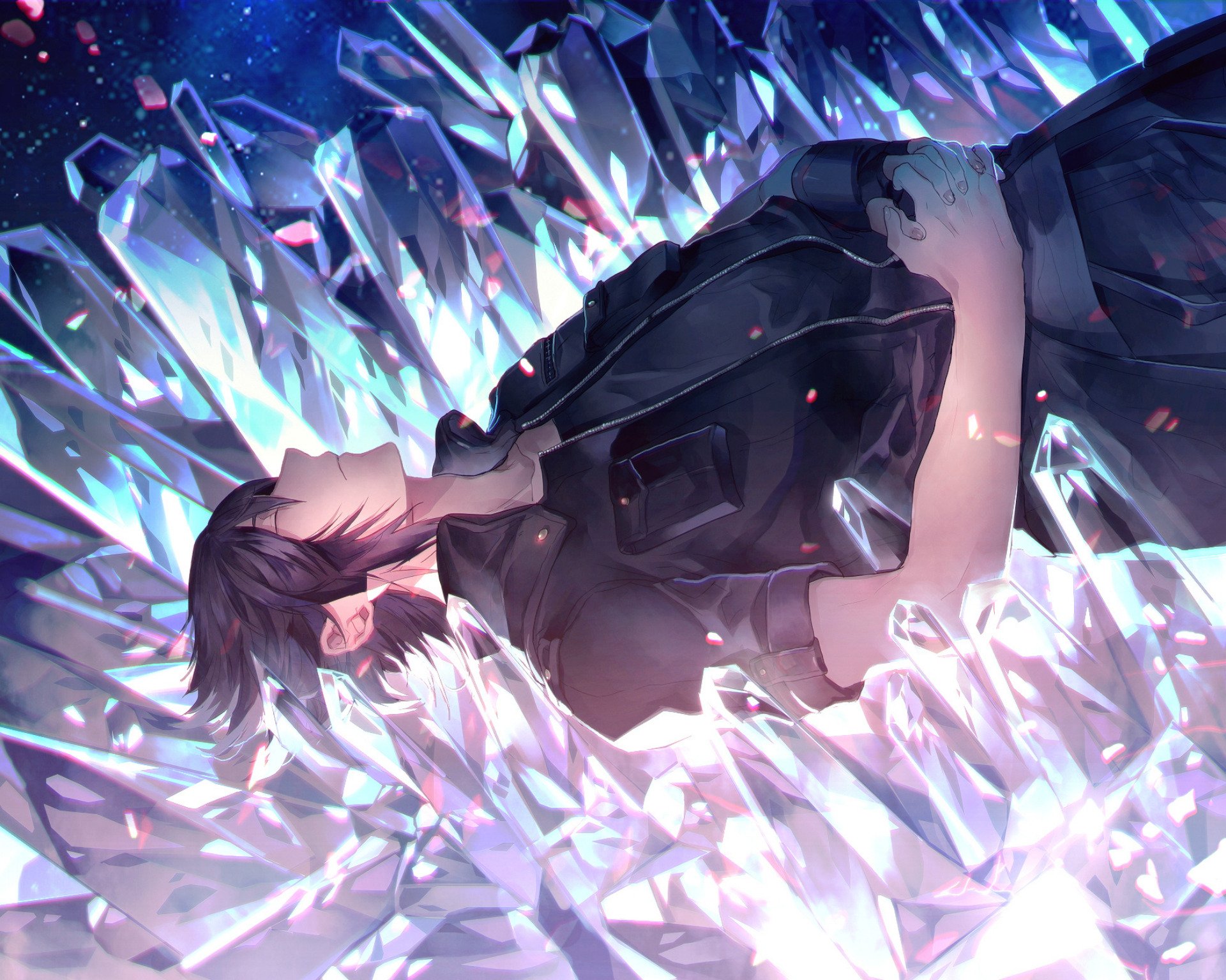 Noctis Lucis Caelum from Final Fantasy XV lies amidst shimmering crystals in this HD PC desktop wallpaper, showcasing detailed artwork from the video game.