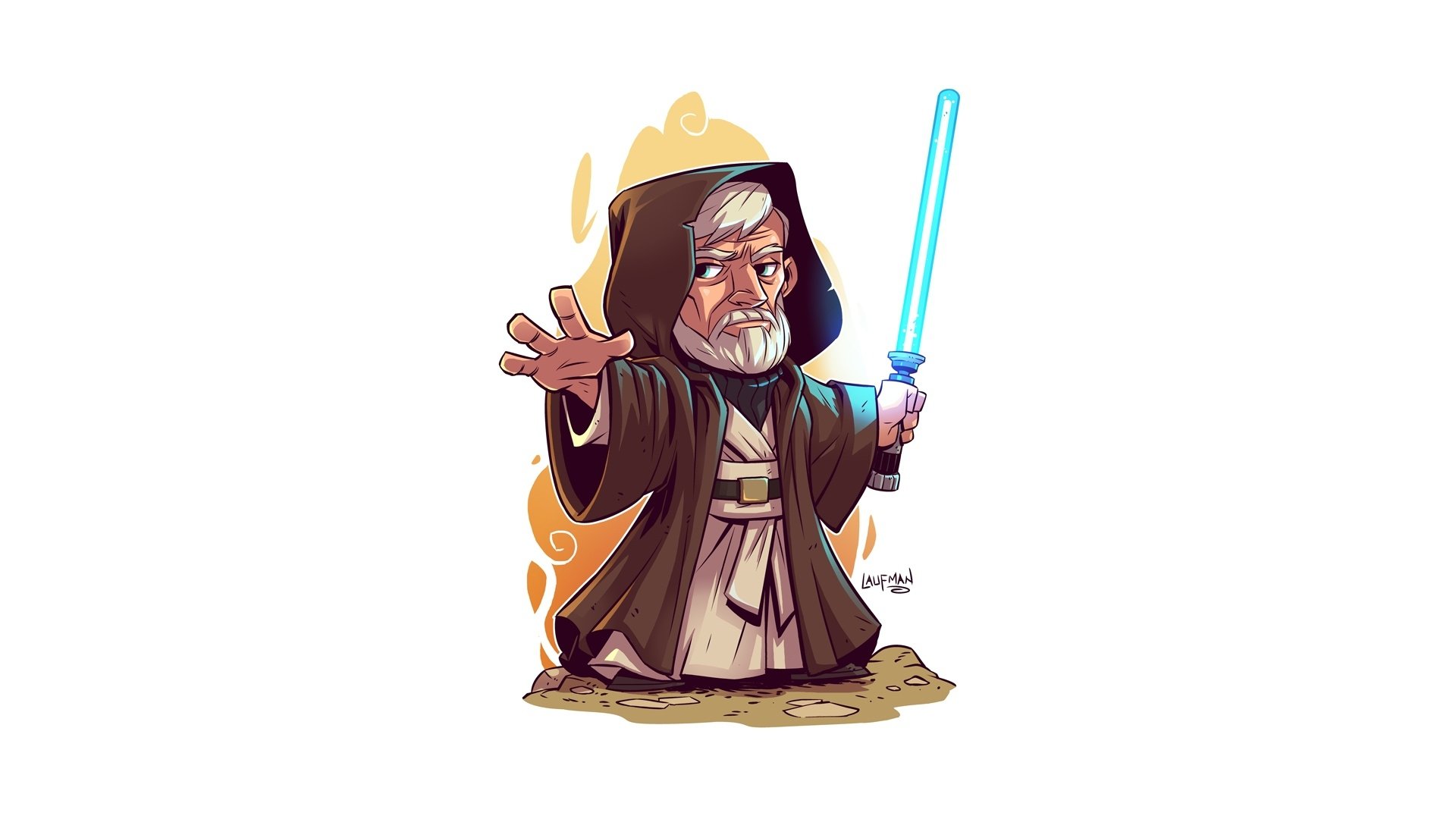 HD PC desktop wallpaper featuring a stylized sci-fi illustration of Obi-Wan Kenobi from Star Wars wielding a glowing blue lightsaber.