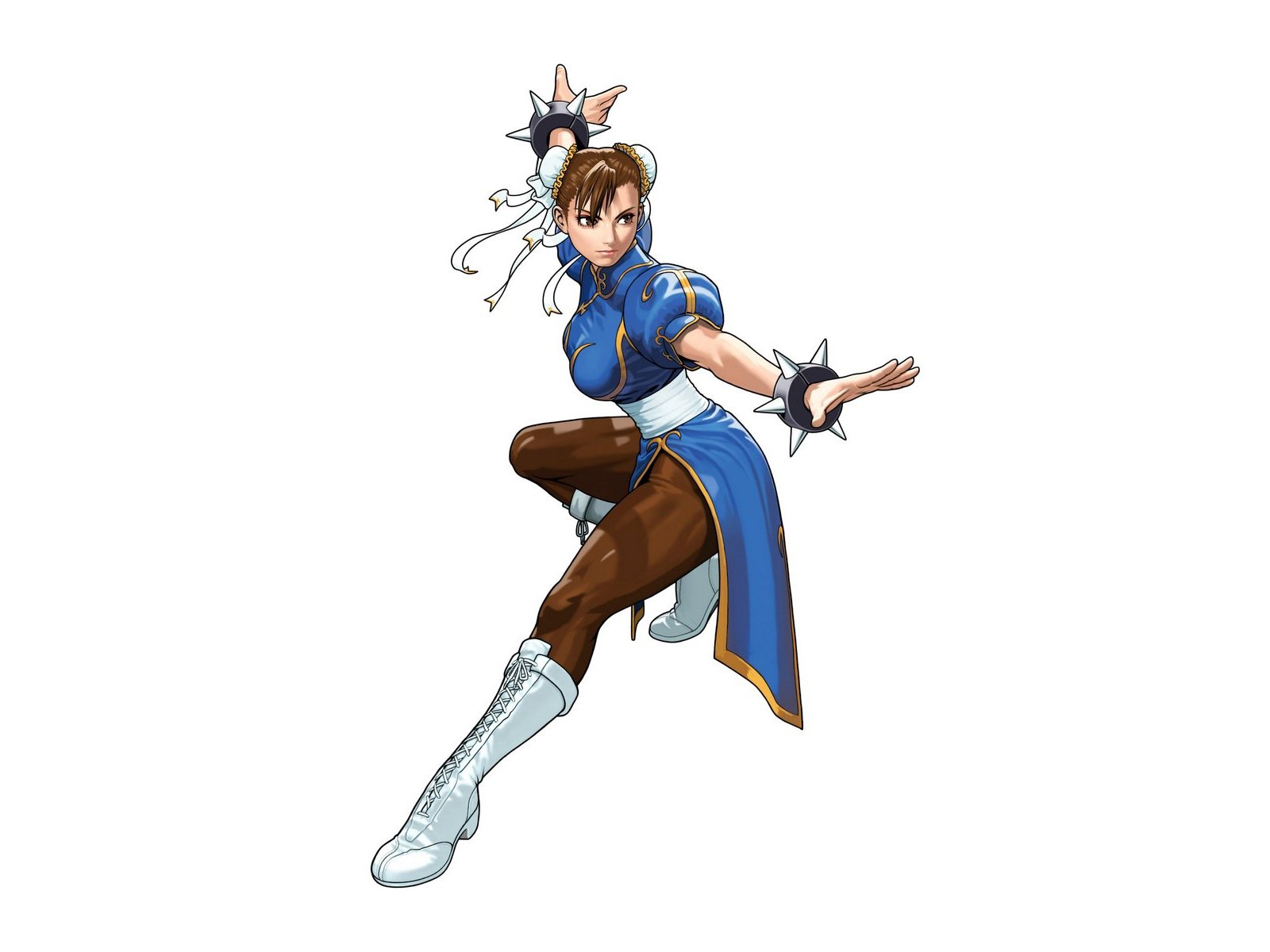 HD PC desktop wallpaper featuring Chun-Li from Street Fighter in her classic blue outfit, poised in a dynamic fighting stance.
