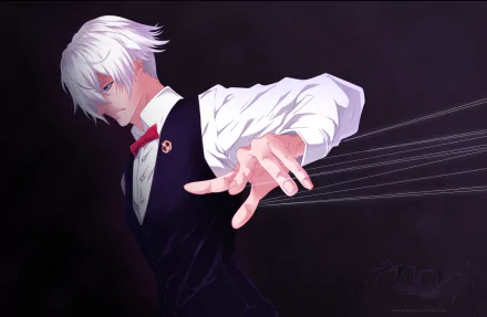 HD anime desktop wallpaper featuring Decim from Death Parade, depicted with white hair and a dark vest against a deep, shadowy background.