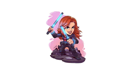 HD comic-style Black Widow wallpaper featuring a chibi version of the character wielding glowing batons against a pink background.