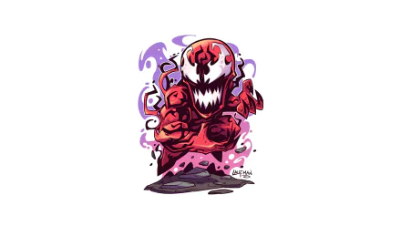 HD PC desktop wallpaper of Carnage (Marvel Comics), comic-style red symbiote with jagged teeth, white-and-black face markings, purple tendrils and rocky base.