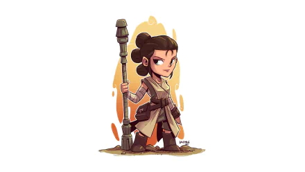 Chibi-style Rey from Star Wars holding her staff, depicted in a vibrant sci-fi HD desktop wallpaper design.