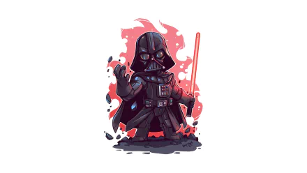 HD PC desktop wallpaper of a chibi Darth Vader wielding a red lightsaber, set against a red and black sci-fi Star Wars themed background.