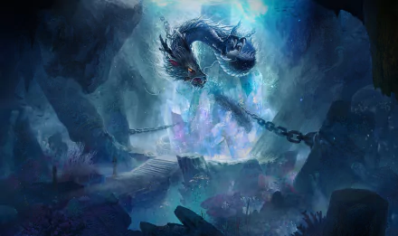 HD PC desktop wallpaper depicting a chained dragon submerged underwater in a mystical, fantasy cave illuminated by ethereal blue light.