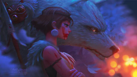 HD desktop wallpaper featuring an anime scene from Princess Mononoke, showcasing a character with short hair alongside a majestic wolf amidst a mystical, glowing backdrop.