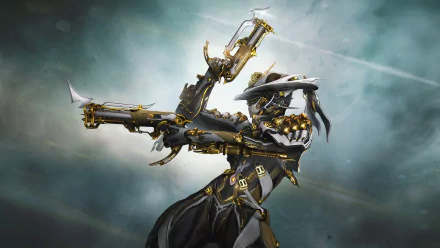 HD PC desktop wallpaper featuring Mesa from the video game Warframe, showcasing her dynamic pose with dual golden pistols against a smoky backdrop.