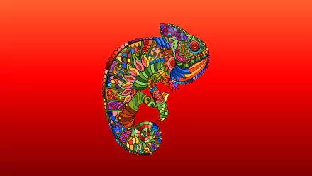 Colorful, intricately patterned chameleon illustration set against a vibrant red gradient background, designed as a HD PC desktop wallpaper featuring detailed animal art.