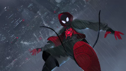 HD wallpaper depicting Miles Morales as Spider-Man from the movie Spider-Man: Into The Spider-Verse, swinging through a rain-soaked cityscape.