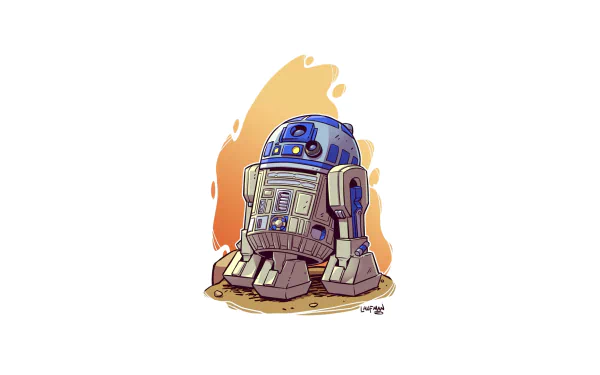 HD PC desktop wallpaper featuring a detailed illustration of R2-D2 from Star Wars in a vibrant sci-fi style.