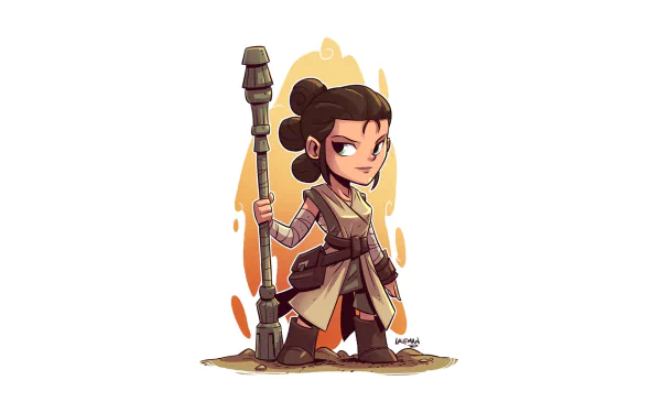 Chibi-style Rey from Star Wars holding her staff, depicted in a vibrant sci-fi HD desktop wallpaper design.