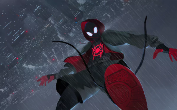HD wallpaper depicting Miles Morales as Spider-Man from the movie Spider-Man: Into The Spider-Verse, swinging through a rain-soaked cityscape.