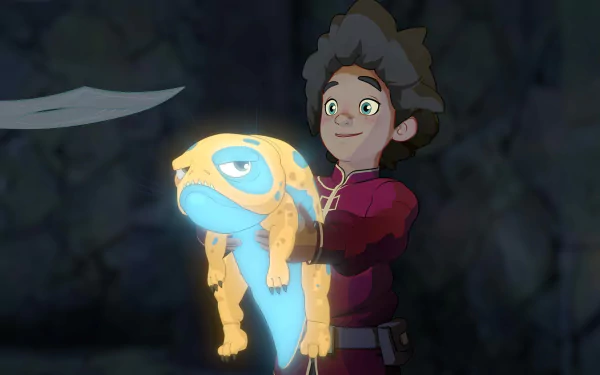HD PC desktop wallpaper featuring a joyful character from the TV show The Dragon Prince holding a glowing blue and yellow amphibious creature.