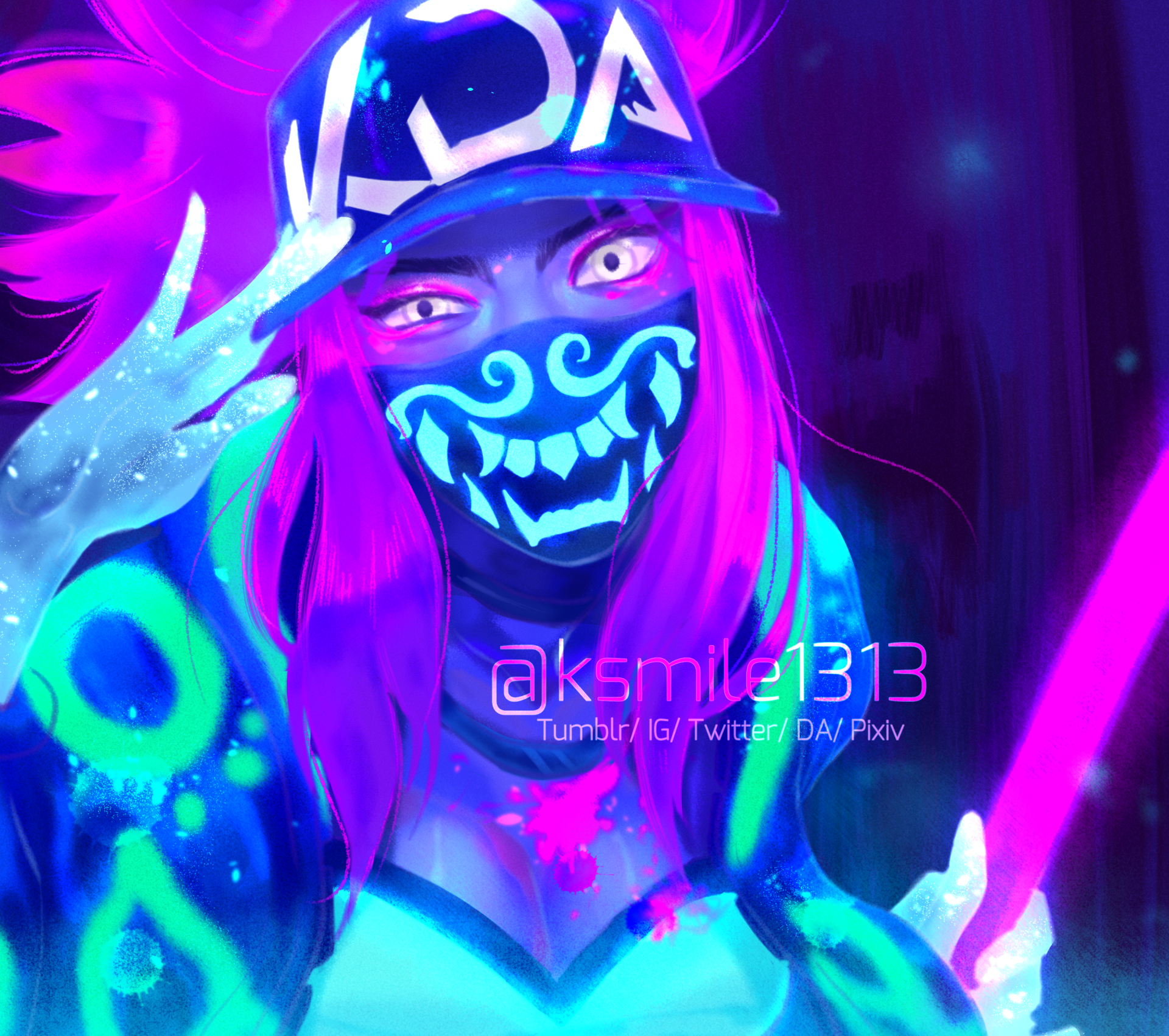 Akali (League of Legends) neon cyberpunk portrait with glowing grin mask, vivid pink, purple and blue hues — video game art, 2K Quad HD PC desktop wallpaper/background.