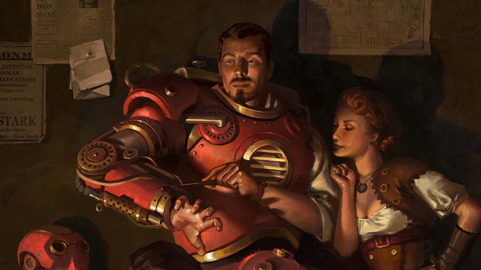Steampunk comic Iron Man in brass-and-red armored suit with glowing arc reactor, flanked by a Victorian woman — 4K Ultra HD PC desktop wallpaper and background