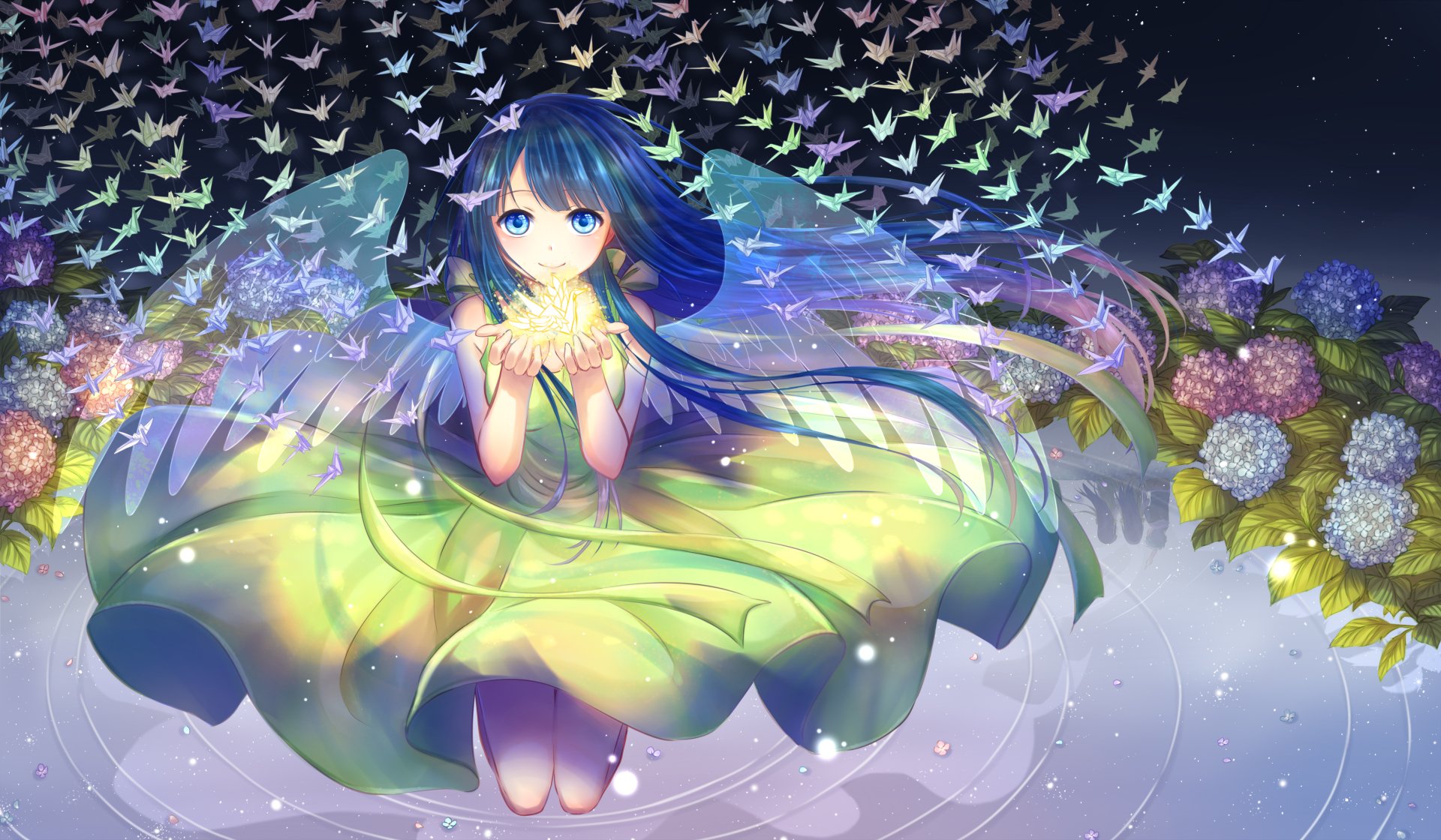 HD anime wallpaper featuring an original artwork of a girl with blue hair and a green dress surrounded by colorful butterflies and flowers in a dreamy, magical setting.