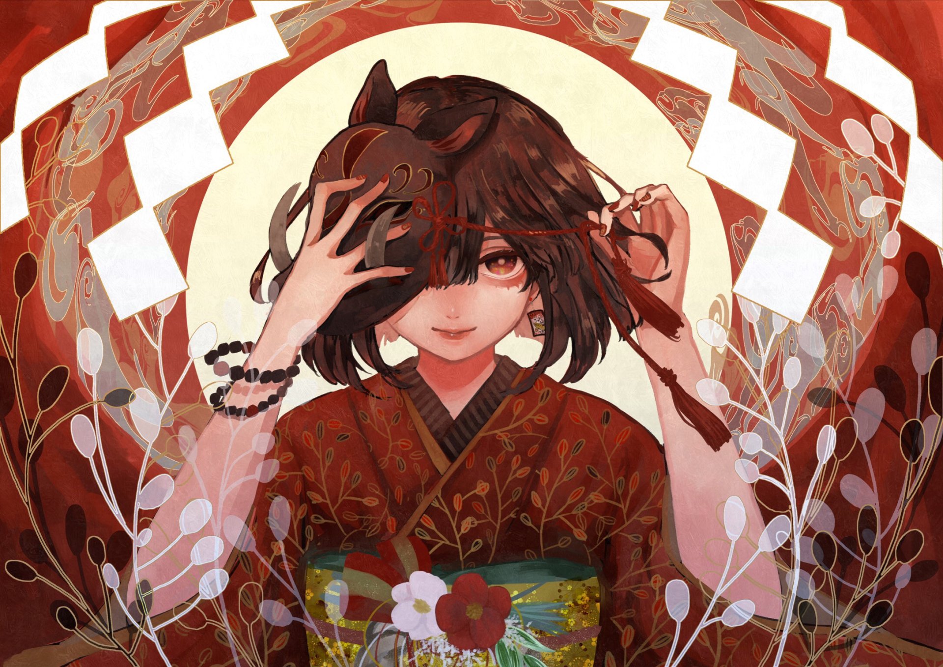 Anime-style original artwork of a short-haired character with brown eyes and hair, wearing a kimono and mask, set against a detailed, artistic background.