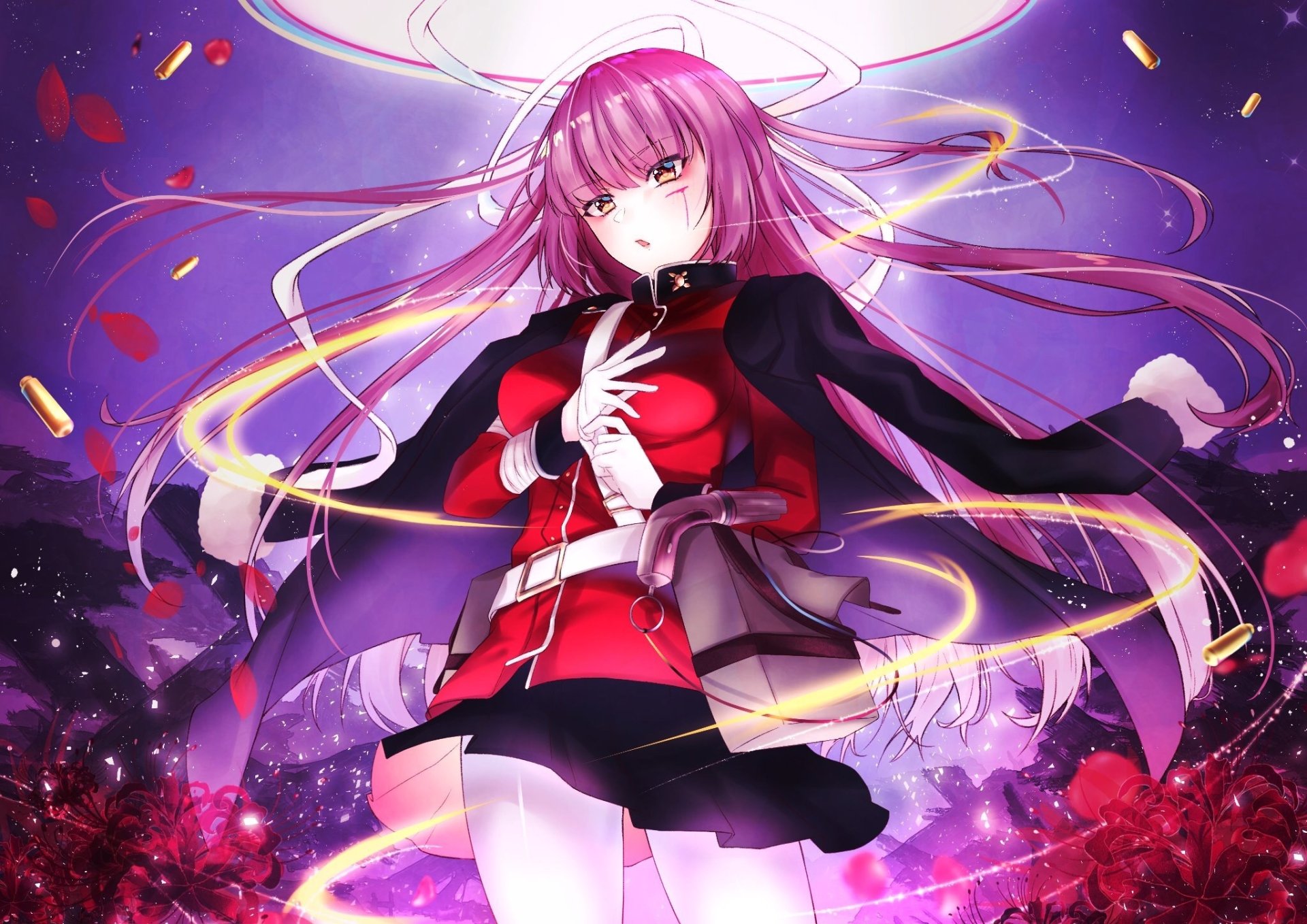 Anime-style HD PC desktop wallpaper featuring Florence Nightingale from Fate/Grand Order with vibrant purple and red hues and dynamic glowing effects.