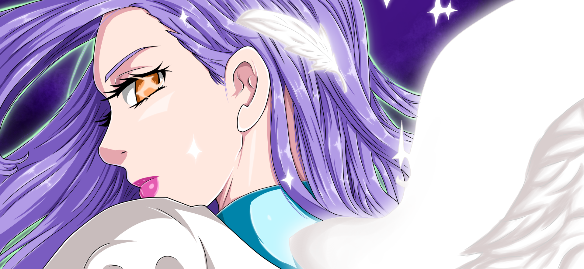 Ludociel (The Seven Deadly Sins) anime 2K Quad HD PC desktop wallpaper: side portrait with purple hair, amber eyes and glowing white wing against a purple, starry background.