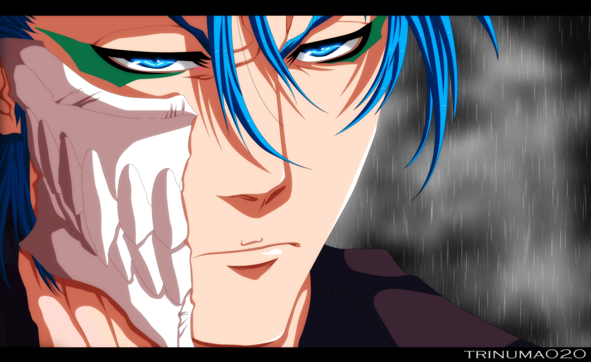 HD PC desktop wallpaper featuring Grimmjow Jaegerjaquez from the anime Bleach, showcasing his intense gaze and distinctive blue hair in a dramatic, rainy background.