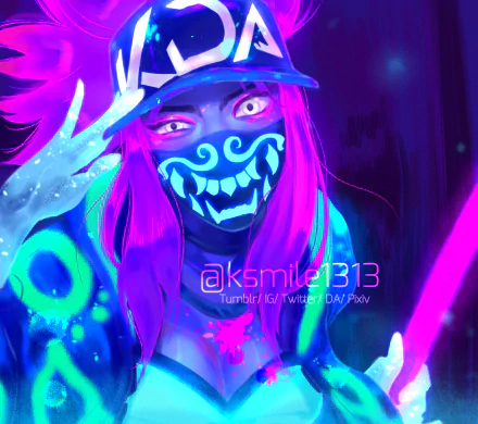 Akali (League of Legends) neon cyberpunk portrait with glowing grin mask, vivid pink, purple and blue hues — video game art, 2K Quad HD PC desktop wallpaper/background.