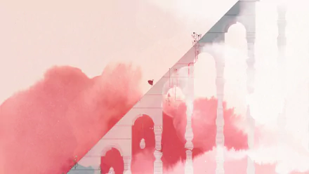 HD PC desktop wallpaper featuring a soft, watercolor-inspired scene from the video game Gris with delicate pink and white tones and architectural elements.