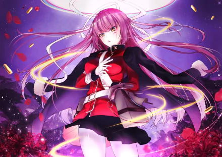 Anime-style HD PC desktop wallpaper featuring Florence Nightingale from Fate/Grand Order with vibrant purple and red hues and dynamic glowing effects.