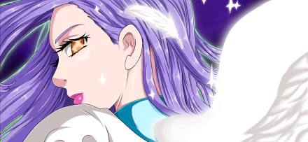 Ludociel (The Seven Deadly Sins) anime 2K Quad HD PC desktop wallpaper: side portrait with purple hair, amber eyes and glowing white wing against a purple, starry background.