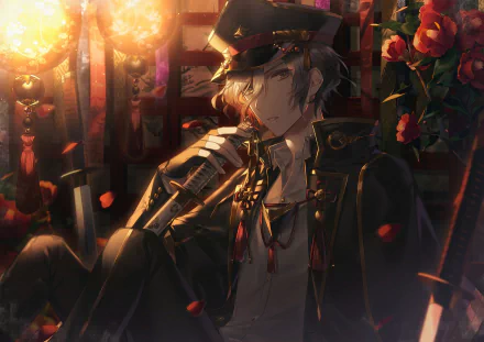 Anime-style original character with short brown hair, brown eyes, and a sword, wearing a hat surrounded by glowing flowers in a detailed HD desktop wallpaper.