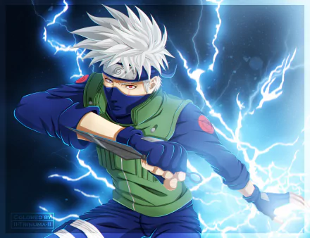 Kakashi Hatake (Naruto) masked white-haired ninja in a green vest channeling lightning, dramatic blue 2K Quad HD PC desktop wallpaper background