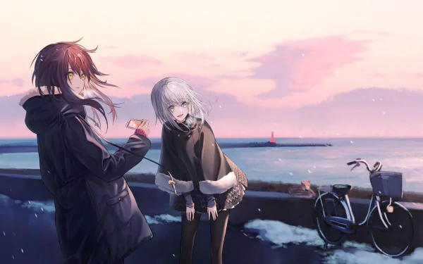 Anime-style HD desktop wallpaper featuring two characters with grey and brown hair, and yellow eyes. One holds a smartphone, and a bike rests by their side in a snowy landscape by the sea.