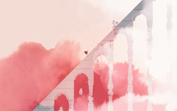 HD PC desktop wallpaper featuring a soft, watercolor-inspired scene from the video game Gris with delicate pink and white tones and architectural elements.