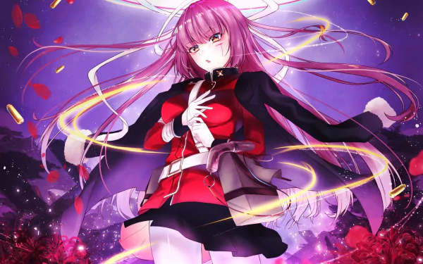 Anime-style HD PC desktop wallpaper featuring Florence Nightingale from Fate/Grand Order with vibrant purple and red hues and dynamic glowing effects.