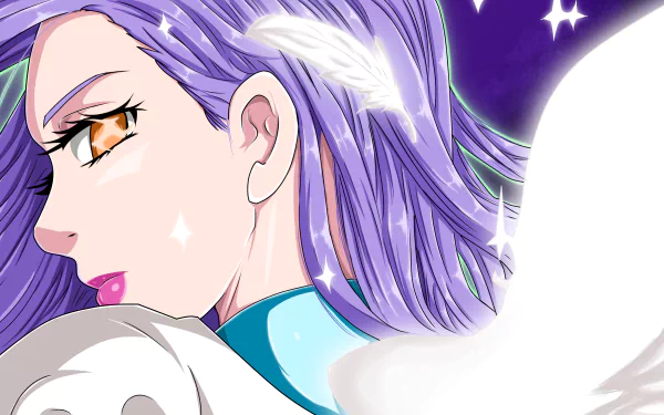Ludociel (The Seven Deadly Sins) anime 2K Quad HD PC desktop wallpaper: side portrait with purple hair, amber eyes and glowing white wing against a purple, starry background.