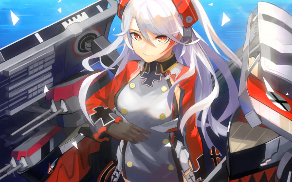 4K Ultra HD anime wallpaper featuring Prinz Eugen from Azur Lane, showcasing her with silver hair, red and black attire, and futuristic naval weaponry.